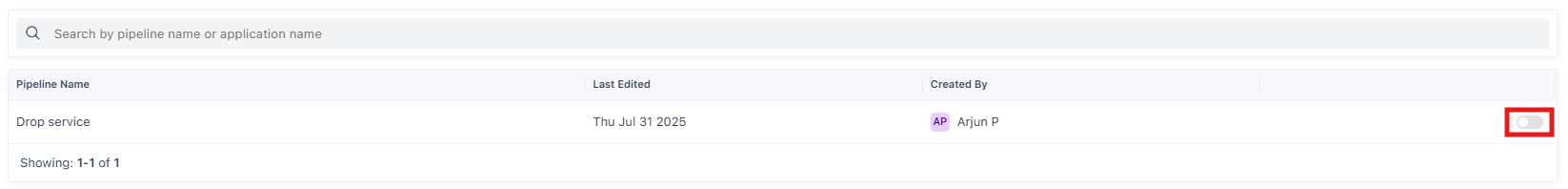 Toggle to enable or disable a tracing pipeline in Middleware APM
